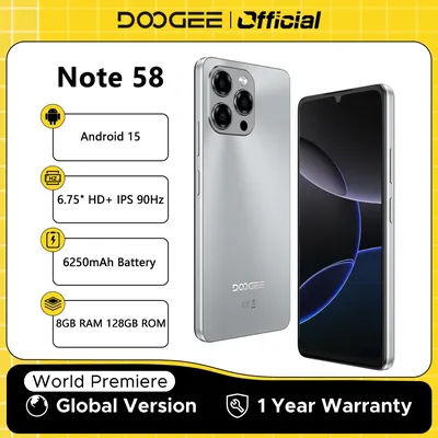 Global Version DOOGEE Note 58 8GB RAM 128GB ROM 6.75" HD+ 90Hz IPS Screen 6250mAh Large battery NFC Android 15 Smartphone