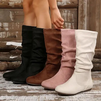 2024 nouvelles chaussures pour femmes printemps genou bottes hautes noir blanc bottes hautes femme plissé talon bas décontracté en cuir femme chaussures longues