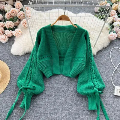 Vert décontracté acrylique tricot col en v lanterne à manches longues à lacets femmes Cardigan pull court Cardigan pour femmes vêtements 2024