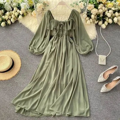 Robe mi-longue en mousseline de soie pour femme, col carré, manches bouffantes, robes rétro françaises, vert, monochromatique, élégant, printemps, automne, nouveau style