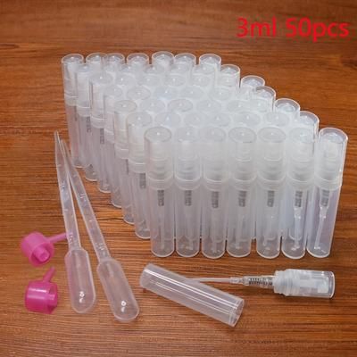 TEMU 50pcs Of 5ml Mini Transparent Plastic Spray Bottles, 3ml Perfume Bottles, 2ml Spray Containers, Portable Refillable Empty Perfume Atomizers, With 4 Tools, Essential Travel Items.