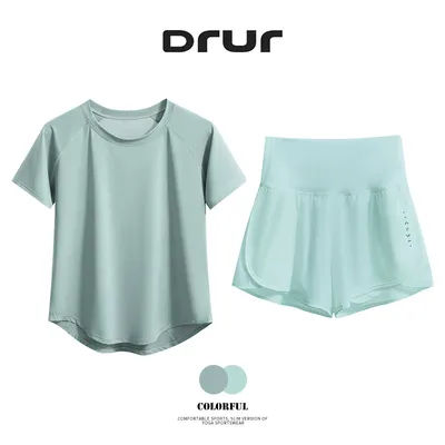 DRUR 2pcs Sport Set Women 2 Piece Running Suit Summer Sportswear Outfits Short Sleeve Gym Tops Shorts Sets Woman Fitness Clothes