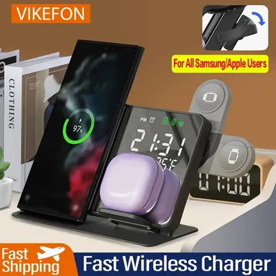 3 in 1 Wireless Charger For Apple Samsung Galaxy Watch 6 5 Pro S24 S23 S22 Fast Charging Station Alarm Clock Phone Charger Stand