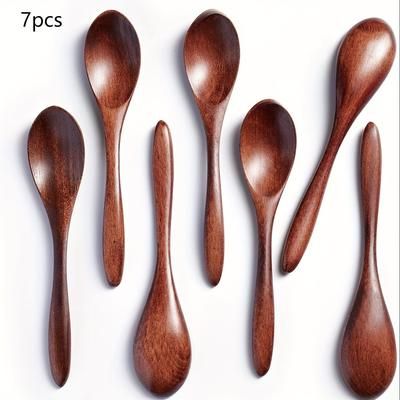 TEMU Set Of 7 Small Wooden Spoons, 5.8 Inches (approximately 14.2 Cm) Tea Honey Spoons, Hardwood Spoons, Suitable For Coffee, Wooden Cutlery Set.