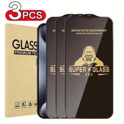 TEMU Set Of 3 9h Tempered Glass Screen Protectors For Mobile Phones, Suitable For Iphone X/xr/xsmax/11/12/13/14/15/16 Pro Max, Featuring Esd Anti-static And Scratch-resistant Full Coverage.