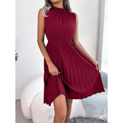 Robe plissée sans manches à volants pour femme, longueur genou, col rond, couleur unie, collection Printemps-Été 2026 – Rouge, Vert, Bleu