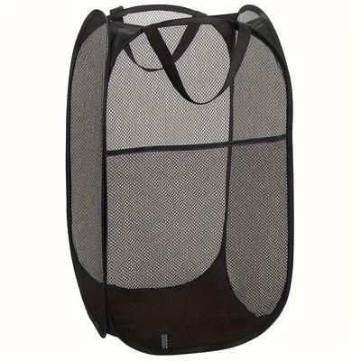 TEMU 1pc Portable Foldable Mesh Laundry Basket, Black With Handle, Easy Carry - Ideal For Home, Bathroom, Bedroom Storage And Travel - Polyester Fabric, Outdoor Camping Sleeping Bag Organizer Bag
