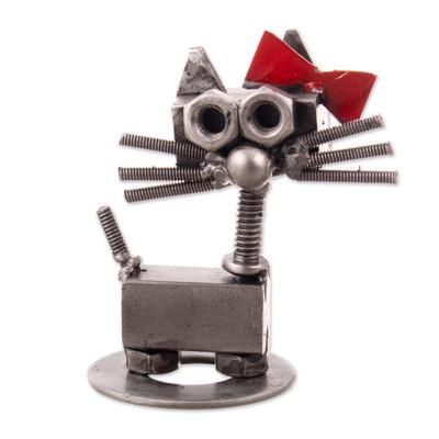 Bow Cat,'Recycled Auto Part Figurine of Female Cat with a Red Bow'