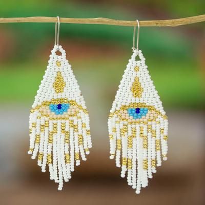 'Turkish Eye-Themed Glass Beaded Waterfall Earrings in White'