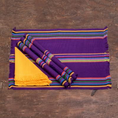 '4 Hand-Woven Striped Cotton Placemats with Napkins in Purple'