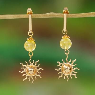 'Sun-Themed Gold-Plated Statement Earrings with Quartz Stones'
