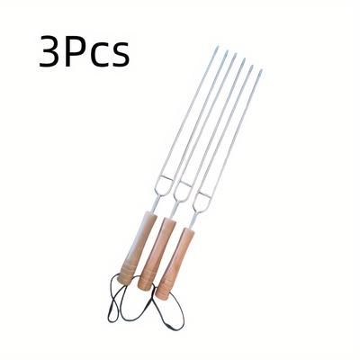 TEMU Outdoor Bbq Barbecue Fork Stainless Steel Barbecue Fork 3 U-shaped Hot Dog Forks Telescopic U-shaped Wooden Handle Outdoor Round Fork