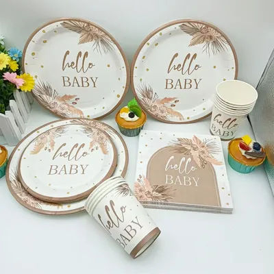 Hello Baby Disposable Paper Plates Cups Napkin Tablecloth Baby Shower Happy Birthday Party Decor Child Gender Reveal Party Decor