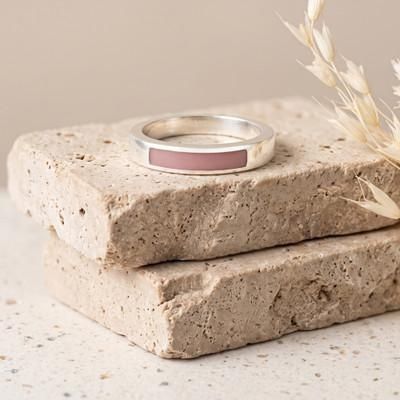 Pink Dual Enchantment,'Modern Polished Silver Band Ring with Inlaid Rose Quartz Gem'