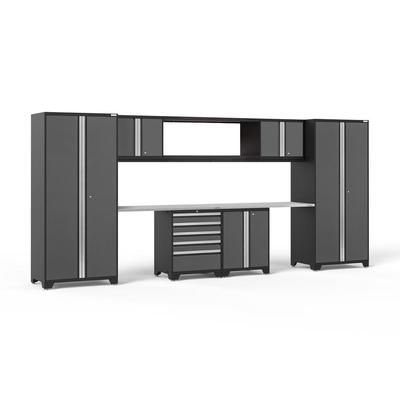 Newage Products Pro 3.0 Series 9-Piece Garage Cabinet Set With 56" Integrated Display Shelf, Grey / Stainless Steel Worktop