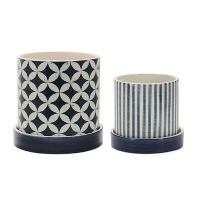 Container (Set of 2) 4.5"D x 4.25"H, 5.25"D x 5.25"H Dolomite by Melrose in Blue/white