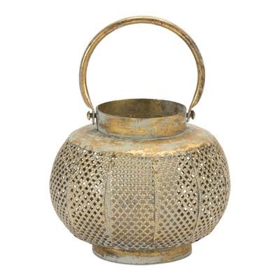 Distressed Punched Metal Lantern 7.5"D by Melrose in Copper/green