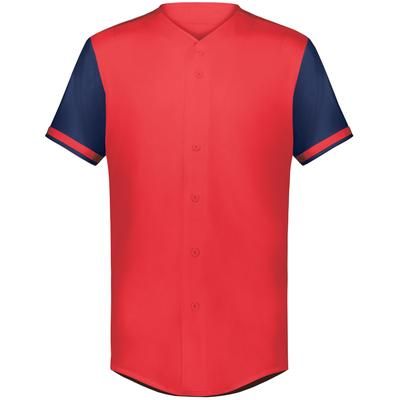 Augusta Sportswear 6910 Athletic Youth Cutter+ Full Button Baseball Jersey T-Shirt in Scarlet/Navy Blue size Small | Polyester/Spandex Blend
