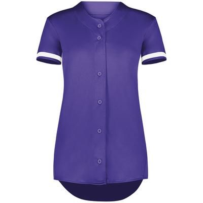 Augusta Sportswear AS6919 Athletic Women's Cutter+ Full Button Softball Jersey T-Shirt in Purple/White size XS | Polyester/Spandex Blend 6919