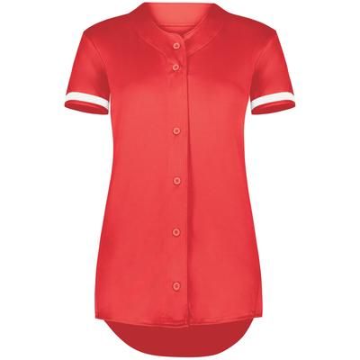 Augusta Sportswear AS6919 Athletic Women's Cutter+ Full Button Softball Jersey T-Shirt in Scarlet/White size Small | Polyester/Spandex Blend 6919