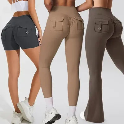 Fitness Yoga Leggings for Women Pocket Scrunched Gym Leggings High Waist Butt Liftting Tights Sexy Booty Shorts Bell-bottoms