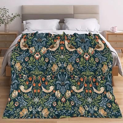 TEMU Vintage Floral & Bird Print Flannel Blanket | Polyester Throw | Ideal For Bed, Couch, Travel | Decor Gift