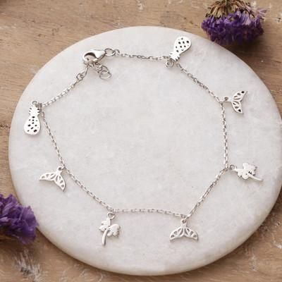 Tropical Flair,'Silver Bracelet with Whale Tail Pineapple Palm Tree Charms'