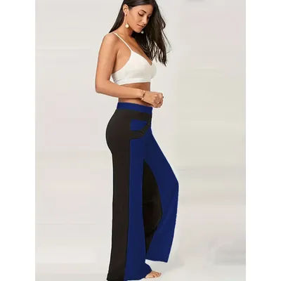 Plus Size Casual Pants, Women's Plus Colorblock Elastic High Rise Flared Leg Trousers