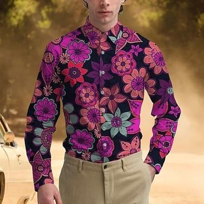 Retrò Vintage Anni '70 Camicia Camicia Aloha Hippie Floreale Costume Per uomo Mascherata Feste Abbigliamento quotidiano Parata dell'Orgoglio Adulti Camicia