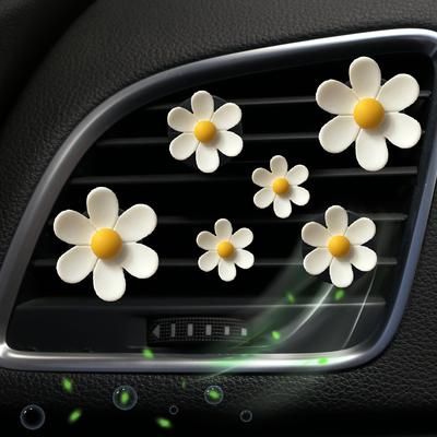 TEMU 6pcs Yisi Cute White Daisy Car Air Freshener For Women - Colorful Small Fresh Flower Decor With Green Glitter, Ideal For Car Air Conditioning And Gifts, Fragrance Tablets, Fragrance Tablets