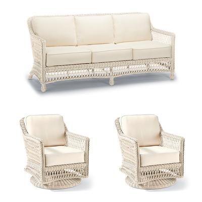 Hampton 3-pc. Sofa Set with Two Swivel Lounge Chairs in Ivory Wicker - Standard, Resort Stripe Air Blue - Frontgate