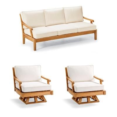 Cassara 3-pc. Sofa Set with Two Swivel Lounge Chairs in Natural Teak - Standard, Rain Indigo - Frontgate