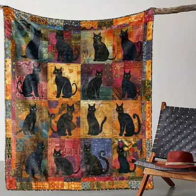 Couverture matelassée patchwork chat noir mystique – Essentielle confortable et décorative pour la maison avec des couleurs vives et des motifs uniques