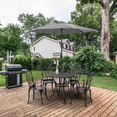 TEMU 5 Pieces Outdoor Dining Table Set, Cast Aluminium Patio Conversation Furniture Set With 4 Armchairs, A Round Dining Table With Parasol Hole, Brown