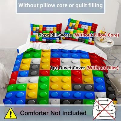 TEMU 2/3pcs Set, Colorful 3d Building Blocks, Bedding Set, Duvet Cover Set, Zipper Design, Machine Washable (1 Duvet Cover + 1/2 Pillowcases, No Filler