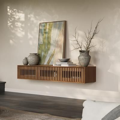 63" Walnut Floating TV Stand, Modern Minimalist, 3 Cabinets, Fully-Assembled, Perfect for 55-inch TVs