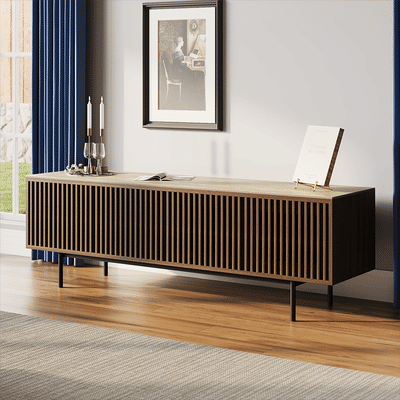 70.87"Mid-Century Modern Matte Sintered Stone Tabletop TV Stand,Slatted Door TV Console, Walnut Color Media Console