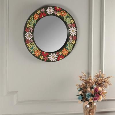 'Multicolor Spring-Patterned Round Ceramic Mosaic Mirror'