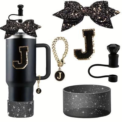 TEMU 5pcs Accessories Set For 30oz 40oz Tumbler Cup Including 10mm Diamond Straw Cover Topper Bow Ties Initial Sticker And Letter Charm And Silicone Protective Boot For Decoration