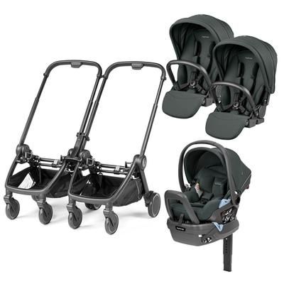 Peg Perego City Loop Double Stroller + Primo Viaggio Lounge Travel System Bundle - Black / Metal / M
