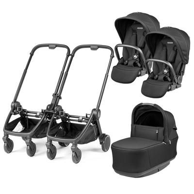 PEG City Loop Double Stroller + Pop Up Bassinet With Stand Bundle - Black / True Black / True Black