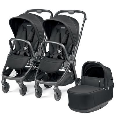 PEG City Loop Double Stroller + Pop Up Bassinet With Stand Bundle - Black / True Black / True Black