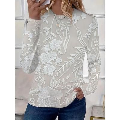 T-shirt da donna a manica lunga a girocollo tunica floreale grafica piante elegante casual tondo collo tops regolari stampa quotidiana rosa blu viola beige primavera autunno
