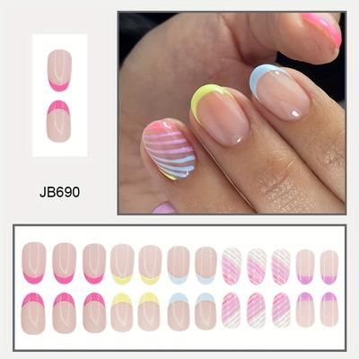 TEMU 24pcs French Short Round Nail Press On Nail Jelly Glue Removable False Wearing Send Jelly Nail File Sticks For Free