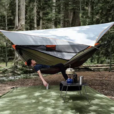 Outdoor camping 3-in-1 hammock set, ridge rope increased anti rollover, Bushcraft quick opening mosquito proof hammock