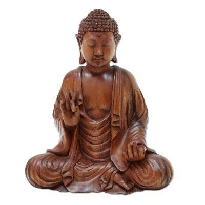 Enlightened Buddha,'Meditative Suar Wood Buddha Sculpture from Indonesia'