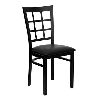MoTak M141 Restaurant Chair w/ Window Pane Back & Black Vinyl Seat - Steel Frame, Black
