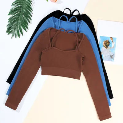 1/3 PCS Women Screw Thread Long Sleeve Crop Top Running Fitness Slim Fit T-shirt Sports Yoga Casual Tops