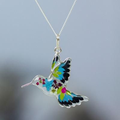 Blue Hummingbird,'Natural Flower Resin Blue Hummingbird Pendant Necklace'