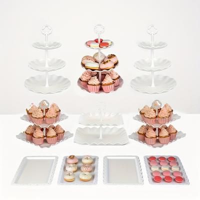 TEMU 10pcs Cake Stand Set With 3 Three-tier And 3 Double-tier Cupcake Stands, 4 Appetizer Trays, Family Dinner, Outdoor Party, Birthday Baby Bridal Shower (white, Black)